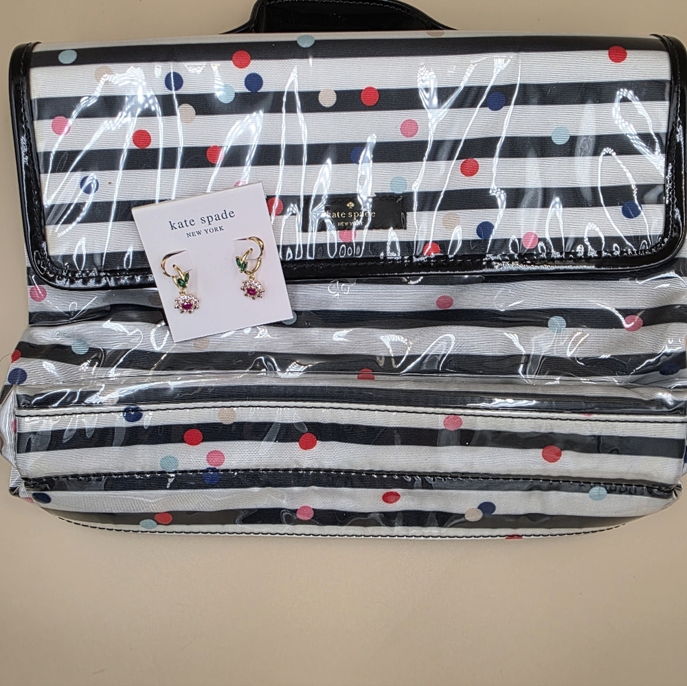 NWT Kate Spade Polka Dot and Stripe Cosmetic Bag And Earrings - Picture 1 of 4